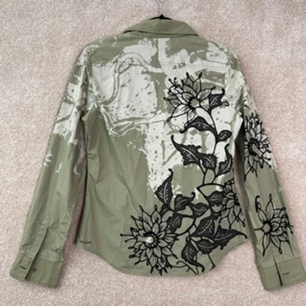 RAW 7 Embroidered Shirt Womens Large Green Floral Cotton Y2K Art to Wear USA